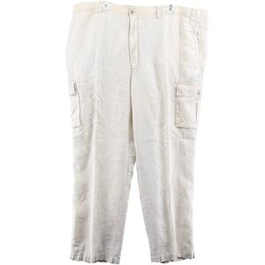 Caribbean Mens Linen Cargo Pants 44x32 Cream Relaxed Fit Elastic Waist Beach